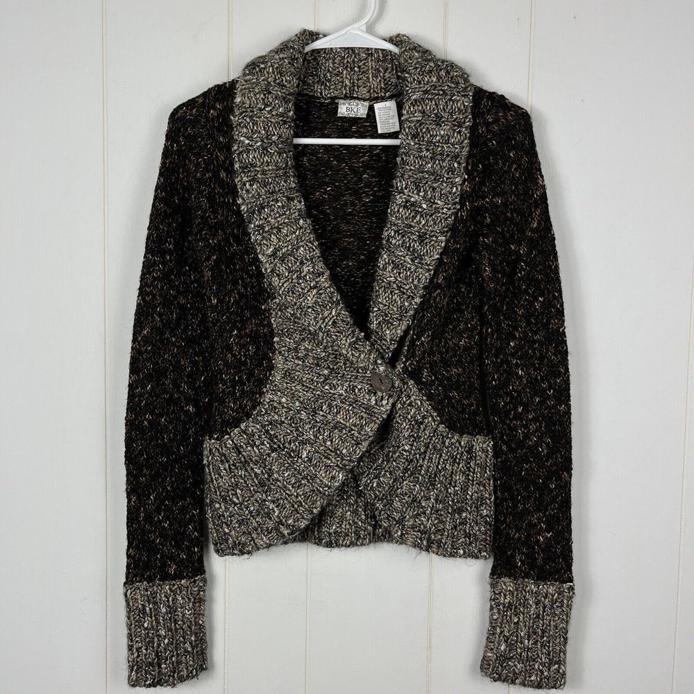 Buckle BKE Women Cardigan Sweater Small Brown Black Marled Button Alpaca Mohair